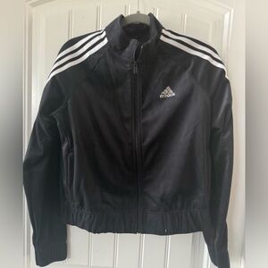Adidas Women's Black Bomber Jacket with White Stripes and and Rhinestone Logo